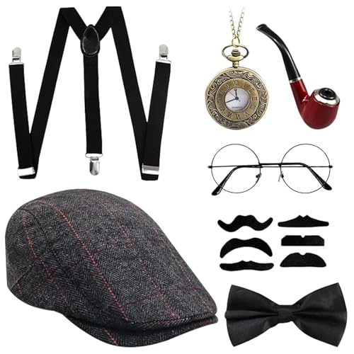 ARONRAVE 20er Jahre Accessoires Herren, Mafia Kostüm Herren Gatsby Kostüm Set Gangster Panamahut Taschenuhr Hosenträger Fliege Bärte Brille für Karneval Kostüm Zubehör von ARONRAVE