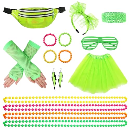 ARONRAVE 80er 90er Jahre Outfit Damen，80er Jahre Kleidung Damen Netzgarnrock Bauchtasche Fingerlose Netzhandschuhe Stirnband Halskette Armband Ohrring Neon Accessoires Thema Party Karneval von ARONRAVE