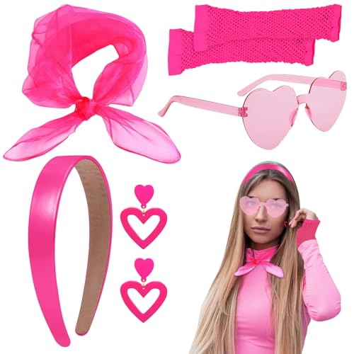 ARONRAVE 80er Jahre Outfit Damen, 80er Jahre Kleidung Damen Set Haarreif Rosa Stirnband Ohrringe Rosa Herz Ohrringe Herz Sonnenbrille 80er Retro Party Accessoires für Party Fasching Karneval von ARONRAVE