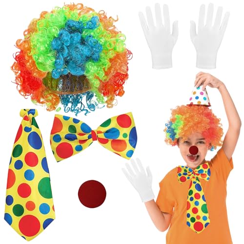 ARONRAVE Clown Kostüm Set，5 Stück Clown Kostüm Kinder Clown Perücke Clown Lockenperücke Clownsnase Clownschleife Handschuhe Clown Partys Karneval Kostüm Zubehör von ARONRAVE