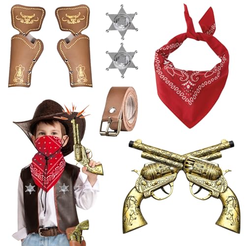 ARONRAVE Cowboy Kostüm Zubehör Kinder Jungen，8 Stück Western Cowboy Zubehör Western Cowboy Set Cowboy Kostüm Kinder Bandanna Metallabzeichen Gürtel Holster für Karneval Cosplay von ARONRAVE