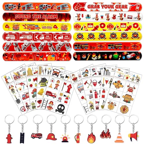 ARONRAVE Feuerwehrmann Party Mitgebsel Feuerwehr Deko Kindergeburtstag 12 Feuerwehr Schnapparmband 10 Feuerwehrauto Schlüsselanhänger 10 Temporäre Tattoos Feuerwehr Spielzeug für Feuerwehrmann Deko von ARONRAVE