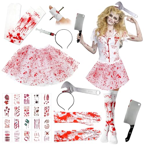 ARONRAVE Zombie Krankenschwester Kostüm, krankenschwester kostüm Krankenschwester Zombie Set Halloween Blut Kostüm Damen Set Horror Krankenschwester Kostüm Halloween Horror Kostüm Damen von ARONRAVE