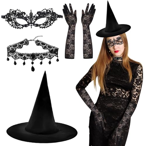 ARONRAVE Halloween Gotisch Choker Halskette Armbänder Schmuck，Halloween Kostüm Damen Gothic schmuck Halskette Maske Spitze mit Hexen Hut Gothic Schmuck für Damen Halloween Karneval Kostüm von ARONRAVE