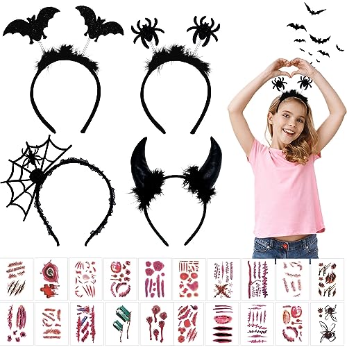 ARONRAVE 4 StückHalloween Haarreifen Set, Fledermaus Haarreif Spinnen Haarreifen Teufel Ohren Haarband Halloween Haarreif Halloween Spinne Stirnband Halloween Kostüm Zubehör(4) von ARONRAVE