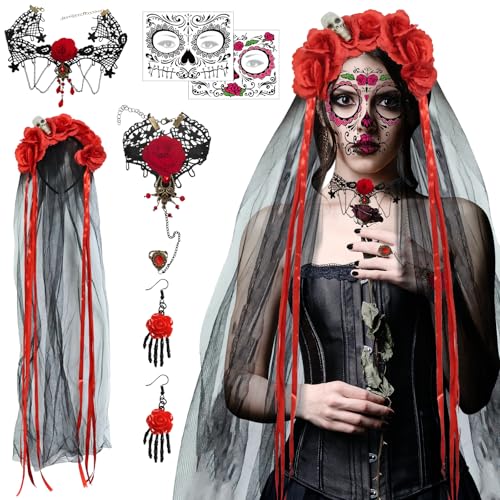 ARONRAVE Tag der Toten Haarreif，Dia De Los Muertos Haarreif Schleier Halloween Kostüm Damen Halloween Kopfschmuck Dia de los Muertos Kostüm Haarschmuck Schminke Zubehör von ARONRAVE