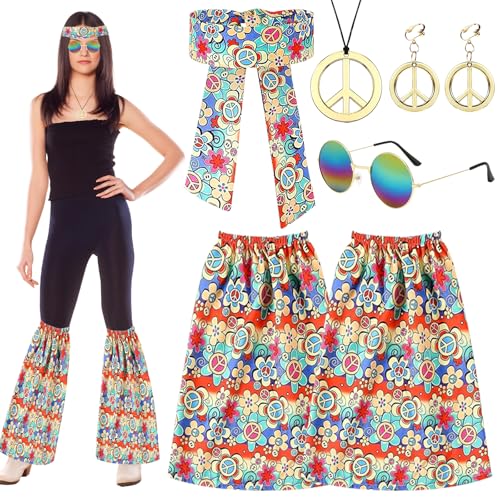 ARONRAVE Hippie Kostüm Damen, Hippie Damen Stirnband Beinstulpen Frieden Zeichen Halskette Sonnenbrille 70er Jahre Damen Disco Outfit Kostüm Damen für Karneval Motto Party von ARONRAVE