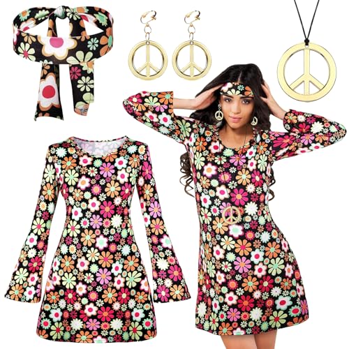 ARONRAVE Hippie Kostüm Damen, Hippie Kleidung Damen Hippie Kleid mit Halskette Ohrringe Haarband 70er Jahre Bekleidung Damen Disco Outfit Kostüm Damen Kleid für Karneval Motto Party von ARONRAVE