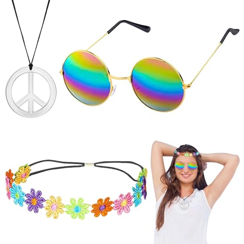 ARONRAVE Hippie Kostüm Damen Set, 60er 70er Jahre Hippie Accessoires Set mit Vintage Brille Friedenszeichen Halskette Hippie Accessoires Frauen Damen Kleid FüR Karneval Motto Party von ARONRAVE