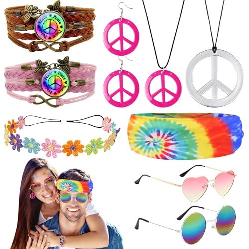 ARONRAVE Hippie Kostüm Set, 9 Stück Hippie Kostüm Accessoires 60er 70er Jahre Hippie Accessoires mit Vintage Brille Hippie Accessoires Frauen Damen Kleid FüR Karneval Motto Party von ARONRAVE