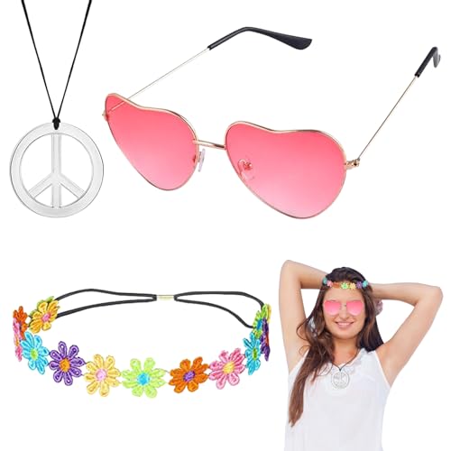 ARONRAVE Hippie Kostüm Set, 70er Jahre Hippie Kleidung Damen Hippie Accessoires Set mit Vintage Brille Friedenszeichen Halskette Hippie Accessoires Frauen Damen Kleid für Karneval Motto Party von ARONRAVE