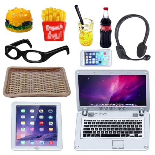 ARONRAVE Puppenhaus Lernen Zubehör, 10 Stück Miniatur Puppenhaus Set Simulation Metall Laptop Handy und Tablet Mini Brille Hamburger Cola Pommes Getränke Tablett Miniatur Deko Mini Puppenhaus von ARONRAVE