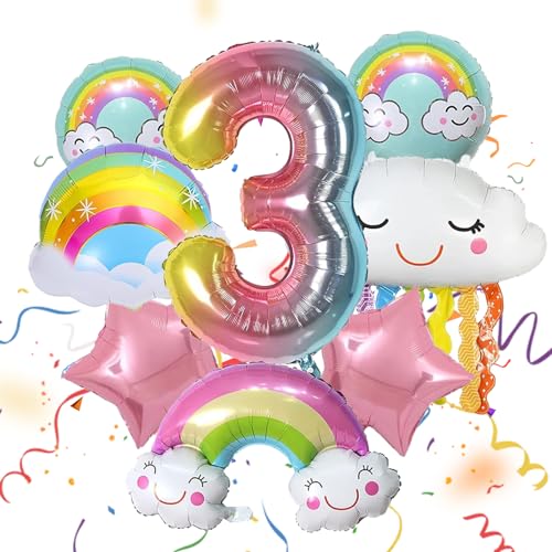 ARONRAVE Regenbogen Geburtstagsdeko Mädchen 3 Jahr,Regenbogen Deko Folienballon Wolke Regenbogen Deko Wolken Folienballon Rosa Stern Pastell Rundballons für Geburtstagsdeko Mädchen 3 Jahre von ARONRAVE