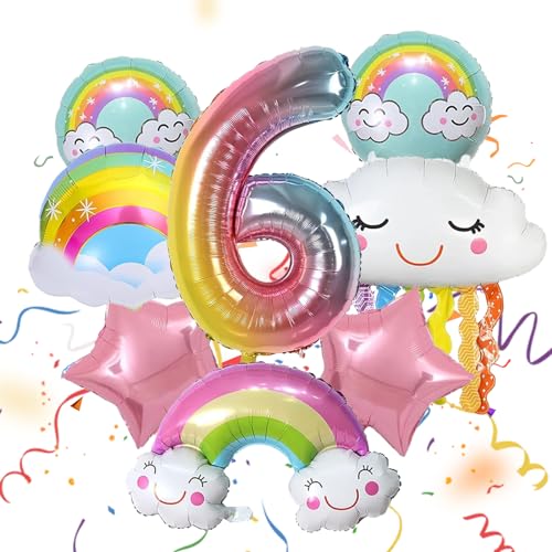 ARONRAVE Regenbogen Deko Mädchen 6 Jahre, Regenbogen Quasten Luftballons Folienballon Wolken Regenbogen Rosa Stern Pastell Rundballons für Mädchen Geburtstag Deko von ARONRAVE