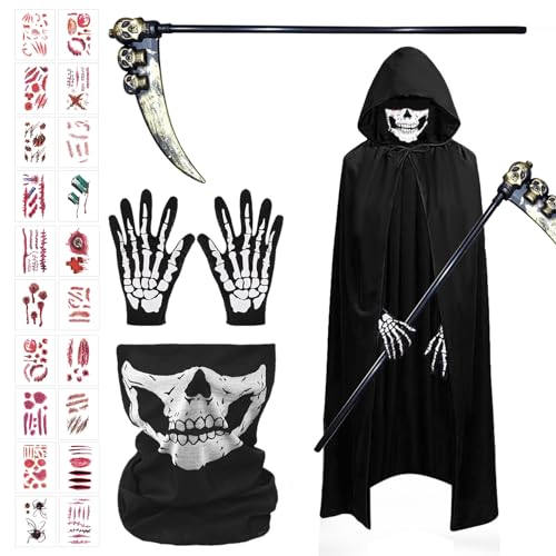 ARONRAVE Sensenmann Kostüm Kinder, Halloween Kostüm Kinder Sense Schädelmaske SchädeHandschuhe Sensenmann Schwarz Umhang für Halloween Party Dekoration Cosplay von ARONRAVE