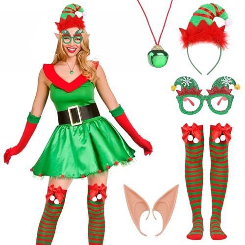 ARONRAVE Weihnachtself Kostüm Damen，5 Stück Elfen Kostüm Damen Weihnachts Halskette Weihnachten Brillen für Weihnachten Karneval Cosplay Geschenke für Kinder Erwachsene von ARONRAVE