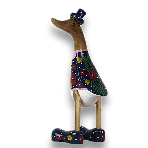 ART-CRAFT Holz Ente Lauf Ente Gartendeko Figur aus Bambus Wurzel und Teak Holz mit Blumen Motiv verziert in blau 25cm hoch von ART-CRAFT