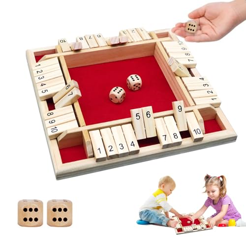 ARTGHJL 4-Spieler Shut The Box Spiel, Holz Brettspiel, Wooden Table Game Classic Dice Board Toy, Würfelspiel Holz Mathematik Lernspielzeug, Klappbrett WüRfelspiel für Zuhause (Rot) von ARTGHJL