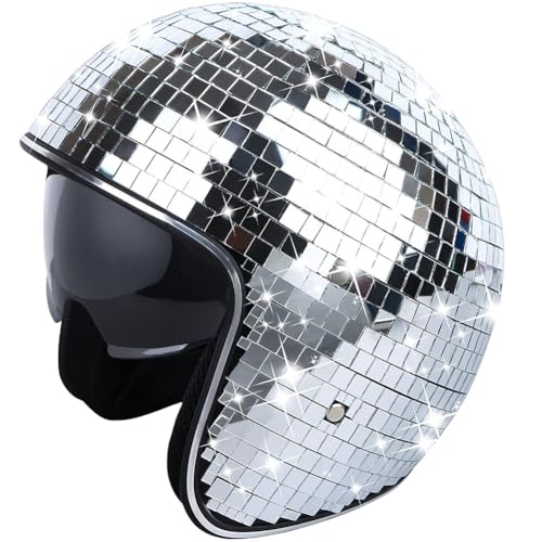 ARVALOLET Disco -Ballhelme, Disco -Helm Glitter Mirror Glass Punk Kostümhut mit einziehbarem Visorspiegel Glitter Ball Helme Hut for Frauen Männer DJ Club Bühnenbar Party Hochzeitsurlaub von ARVALOLET