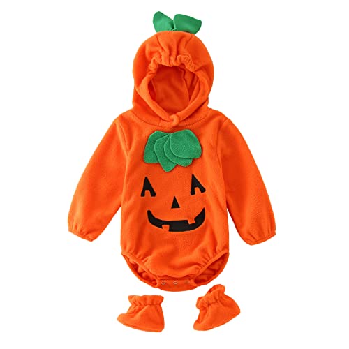 ARtray Bekleidungsset Mädchen 74 Halloween Kürbis Cosplay Strampler Kostüm Soft Fleece Bodysuit Schuhe Set mit Kapuze Jumpsuit Mädchen Sommer (Orange, 12-18 Months) von ARtray