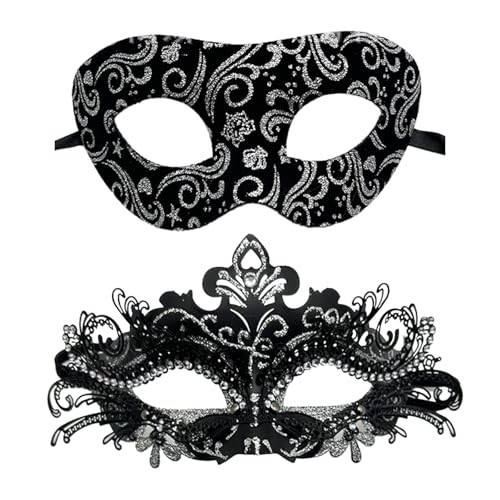 2 Stück Venezianische Maske Paar Maskerade Mask Karneval Dekorationen Venezianischen Maske Strass Metallfiligrane Kostüm Masken für Damen Herren Halloween Karneval Party, Schwarz, One size fits most von ASFWAGQ