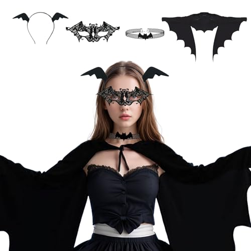 4 Stück Fledermaus Kostüm Damen Umhang Faschingskostüme Fledermausflügel Erwachsene mit Maske Haarreif Halskette Set Karneval Party Outfit von ASFWAGQ