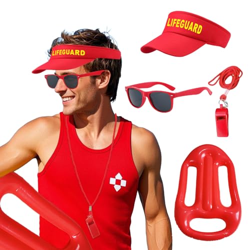 4 pcs Lifeguard Fasching Kostüm Rot Rettungsschwimmer Kostüm Set Erwachsener mit Visor Verstellbare Sonnenschutz hut Sonnenbrille Sportpfeifen Boje Rettungsring Bademeister für Karneval Halloween von ASFWAGQ