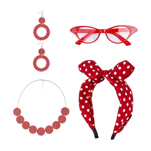 4TLG Rockabilly Accessoires Damen 50er Jahre Kostüm Kleid Zubehör 60er Jahre Polka Dots Ohrringe Stirnband Brille Halskette 60er Jahre Kleidung für Motoparty Retro Teily Party Karneval Party (Rot) von ASFWAGQ