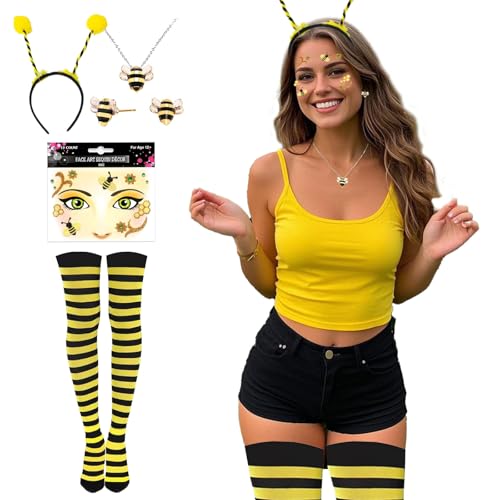 5 Stück Bienenkostüm Accessoires, Bienenkostüm Damen Hummel Kostüm Biene haarreif Halskette Ohrringe Biene Gesichtstattoo Karneval Gestreifte Überkniestrümpfe Biene für Hummel Bienenkostüm Erwachsene von ASFWAGQ