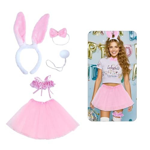 5 Stück Damen Hase Zubehör Kostüm Set, JGA Kostüm Set, Kaninchenohr Stirnband, Kragen Fliege, Kaninchen Schwanz, Beinringe, Tüll Rock für Halloween Weihnachten Cosplay Party Junggesellenabschied Männe von ASFWAGQ