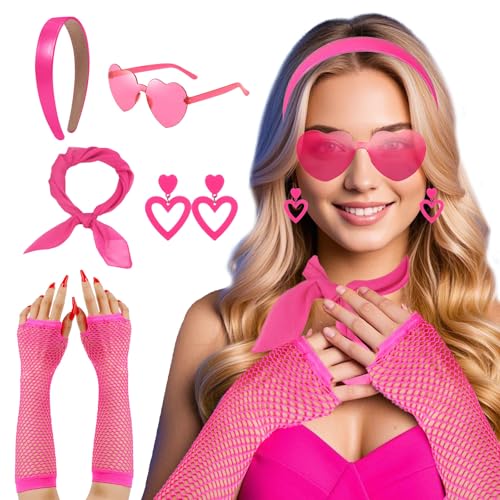 80er 90er Jahre Outfit Damen, Retro Party Set, Haarreif Stirnband Rosa Herz Ohrringe Herz Sonnenbrille Halstuch Netzhandschuhe 90er 80er Pink Costume Accessories für Halloween Kostüm Karneval Costume von ASFWAGQ