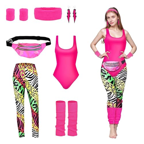 80er Jahre Accessoires Outfit Damen 80er Jahre Kostüm Retro Trainingsanzug Accessoires mit Bauchtasche, Stirnband, Beinwärmer, Trikot, Leggings, Armbänder, Ohrringe für Karneval, Fasching, party (XL) von ASFWAGQ