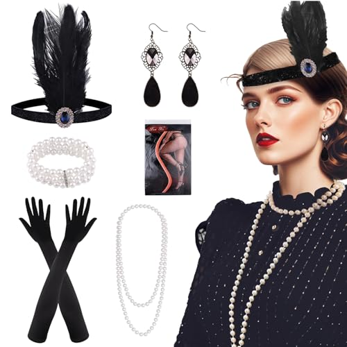 ASFWAGQ 1920er Great Gatsby Flapper Accessoires-Set mit Stirnband Halskette Ohrringe Schwarze Strümpfe Lange Schwarze Handschuhe Thema Party Zubehör für Fraue von ASFWAGQ