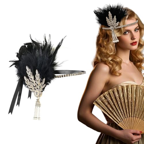 ASFWAGQ 1920s Stirnband Damen Gatsby Kostüm Accessoires 20er Jahre Accessoires Flapper Feder Kristalle Haarband für Karneval Fasching Kostüm Schwarz (set 2) von ASFWAGQ