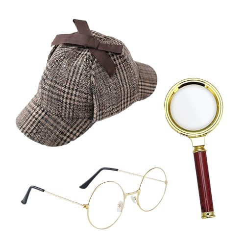 ASFWAGQ 3 PCS Detektiv Kostüm 20er Jahre Detektiv Kostüm Accessoires mit Detektiv Hut Brille Lupe Detektiv Cosplay Requisiten Einheitsgröße für Karneval Cosplay Party von ASFWAGQ