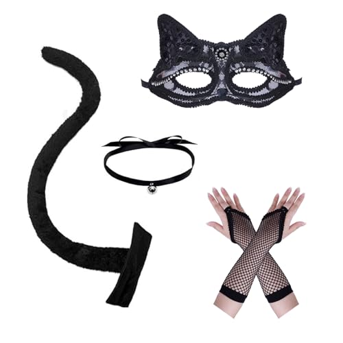 ASFWAGQ 4 Stück Katzenkostüm Damen Maske Wolf Katze Schwanz Handschuhe und Halskette Set Tier Kostüm Set Halloween Party Cosplay Kostüm Accessoire für Damen von ASFWAGQ