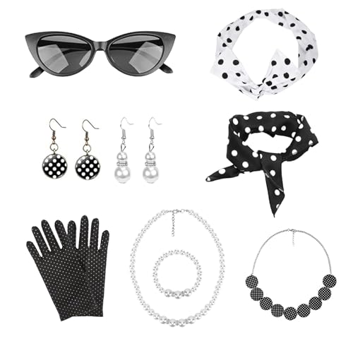 ASFWAGQ 50er Jahre Accessoires Damen Kostüm Accessoires Faschingskostüm mit Chiffon Schal Polka Dots Bandana Stirnband Handschuhe Katzenaugen Sonnenbrille Ohrringe Halskette von ASFWAGQ