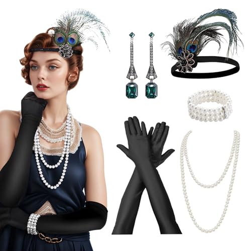 ASFWAGQ 7 Stück 20er Jahre Damen Accessoires Great Gatsby Party Zubehör Set Fashion Kostüme Karneval Accessoires mit Flapper Stirnband Handschuhen von ASFWAGQ