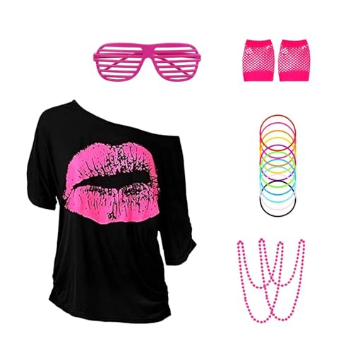 ASFWAGQ 80er 90er Jahre Outfit Damen, 5PCS 80er Faschingskostüme Damen Accessoires mit Neon Party Karneval T Shirt Halskette Handschuhe Armband Brille für Mottoparty Fasching Karneval (XL) von ASFWAGQ