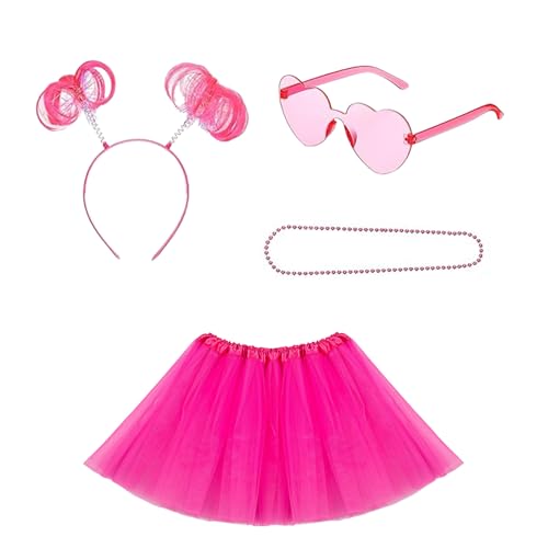 ASFWAGQ 80er jahre outfit damen 1980s Kostüm Set Accessoires mit Tutu Rock Haarband Brille und Halsketten (Rosa) von ASFWAGQ