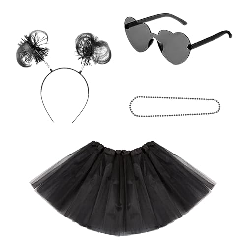 ASFWAGQ 80er jahre outfit damen 1980s Kostüm Set Accessoires mit Tutu Rock Haarband Brille und Halsketten (schwarz) von ASFWAGQ