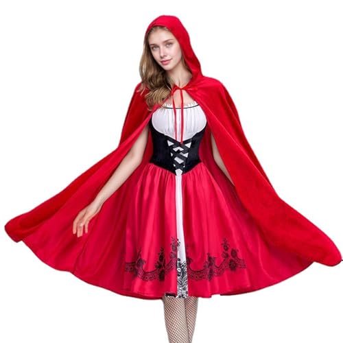 ASFWAGQ Damen Karneval Rot Kleid mit Rotem Umhang Hut Kostüm Erwachsene Karneval Party Charakter Dress Up für Halloween Fasching Cosplay Performance (M) von ASFWAGQ