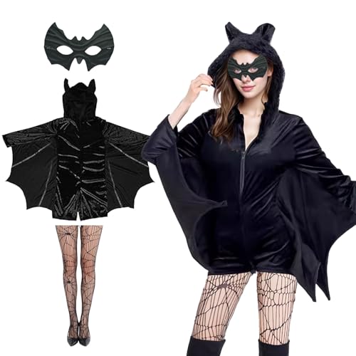 ASFWAGQ Fledermaus Kostüm Damen Fledermaus Kostüm 3Pcs Set Maske Netzstrümpfe Karneval Kostüm Frauen Schwarz Fledermaus Overall mit Kapuze für Fasching Cosplay von ASFWAGQ