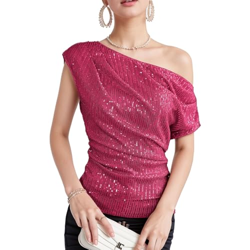 ASFWAGQ Glitzer Oberteil Damen Club Party Pailletten Tops Elegant Party Glitzershirt Festliches Blusen Outfit Karneval Kostüme (Rosarot) von ASFWAGQ