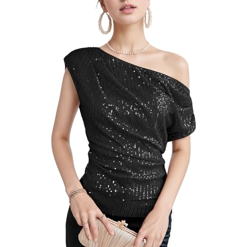 ASFWAGQ Glitzer Oberteil Damen Club Party Pailletten Tops Elegant Party Glitzershirt Festliches Blusen Outfit Karneval Kostüme (Schwarz) von ASFWAGQ