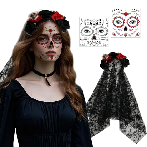 ASFWAGQ Halloween Tag der Toten Haarreif und Schleier Gesicht Tattoos, Mexikanische Stirnband Rosen Blumen Faschingskostüme Frauen Totenkopf Kopfschmuck Haarband Damen Kostüm Accessoires von ASFWAGQ