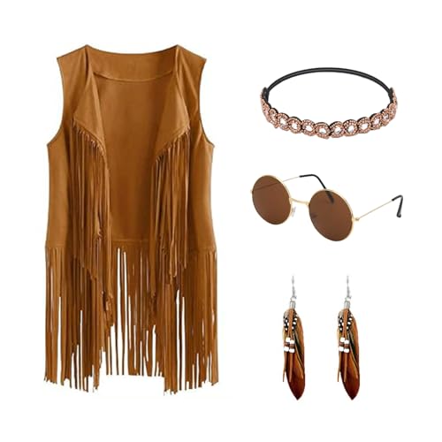 ASFWAGQ Hippie Kostüm Damen Set Fransen ärmellos Weste Kleidung 60er 70er Jahre Outfit Damen Mädchen Braun Fransen Weste Hippie Kostüm Hippie Accessoires Karneval Faschingskostüme Hallowee (S) von ASFWAGQ