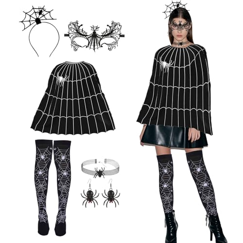 ASFWAGQ Karneval Kostüm Spinne 6 Stück Spinne Kostüm Damen Spinne Maske Spinne Haarreifen Spinnennetz Poncho Halloween Kostüm Set für Karneval Party Dress Up Erwachsene von ASFWAGQ