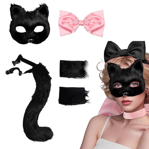 ASFWAGQ Katze Kostüm set für Frauen Therian Pelzige Katze Maske Bogen Katze Pfote Handschuhe Long Tail Frauen Katze Fuchs Outfit Set für Karneval Halloween von ASFWAGQ