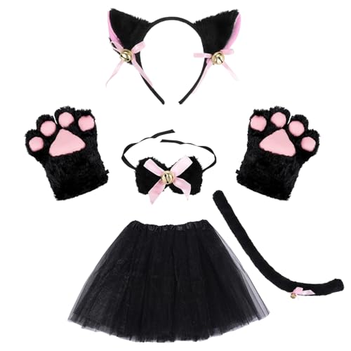 ASFWAGQ Katzenkostüm Katze Cosplay Set mit Tutu Katzenohren Haarreif Schwanzkragen Katzenkrallen Pfoten Handschuhe Fliege für Mädchen Erwachsen Karneval Cosplay Party Kostüm Set (Schwarz) von ASFWAGQ